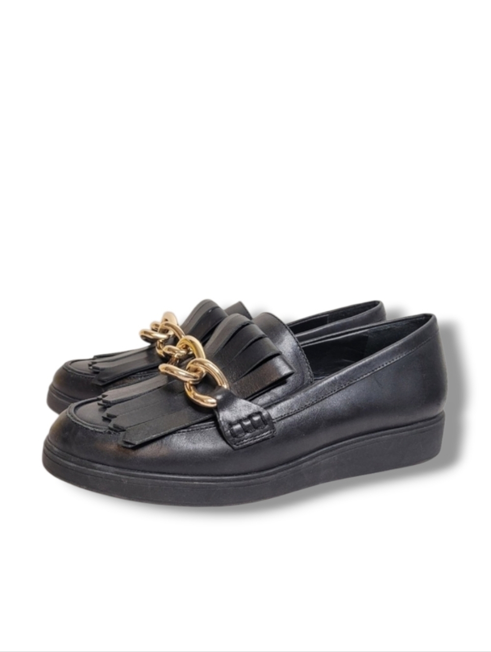 Antonio Melani Black Leather Chunky Loafers Gold Chain Size 7